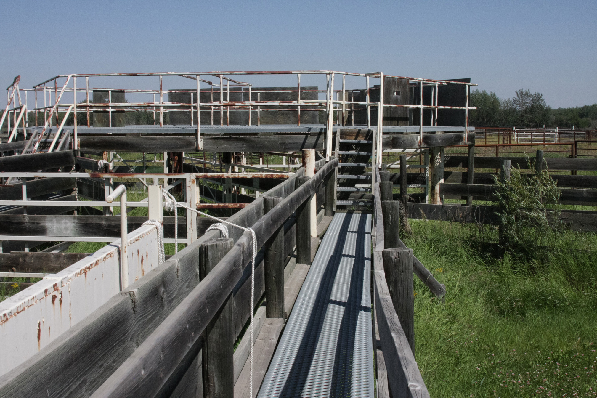 Une passerelle en métal perforé avec des rampes en bois rugueuses mène à sept escaliers à contremarche ouverte menant à une passerelle en métal perforé plus élevée avec des rampes en métal ouvertes.