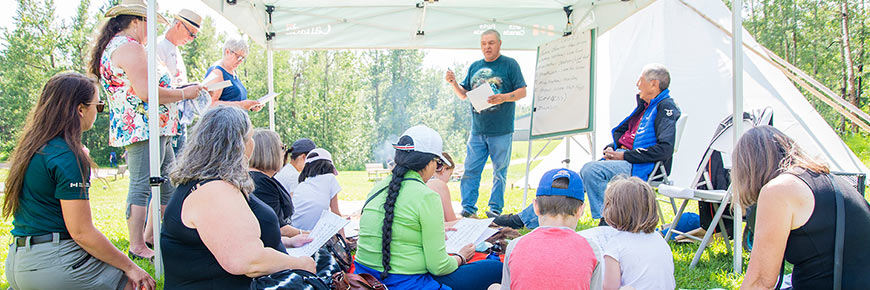 Cree Language Circle workshop participants with Mr. Arrol Crier, Cree elder from Maskwacis.