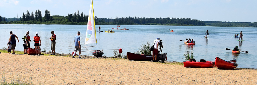 Astotin Lake Beach on a busy weekend.