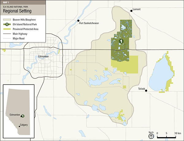 Map 1: Elk Island National Park regional setting — Text version follows