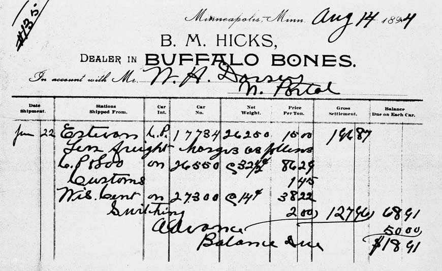 Reçu d’achat d’ossements de bisons, vendus à la tonne, daté de 1894.
