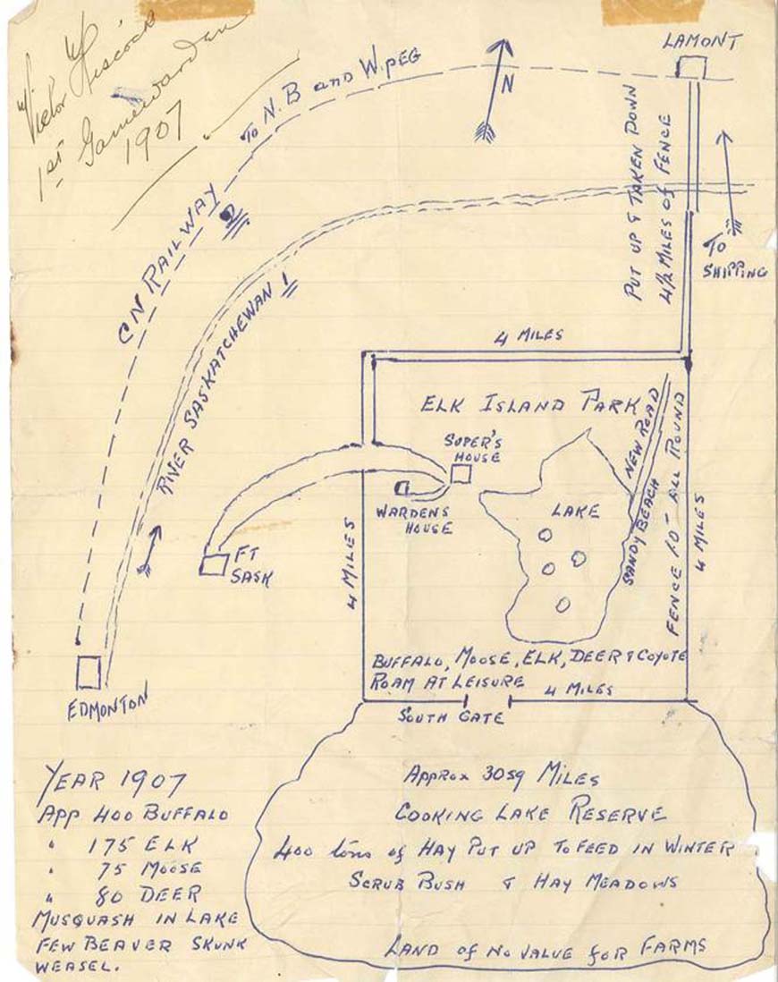 Sketch of a map of Elk Park showing roads, lake, houses, and fences, and listing the number of animals found in the park, including 400 buffalo.
