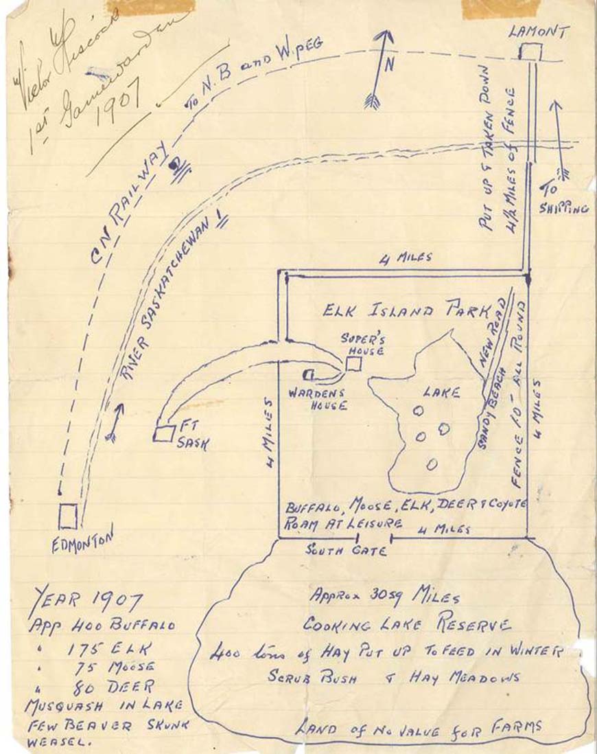 Croquis d’une carte des routes, lacs, maisons et clôtures du parc Elk, avec la liste du nombre d’animaux présents dans le parc, dont 400 bisons.