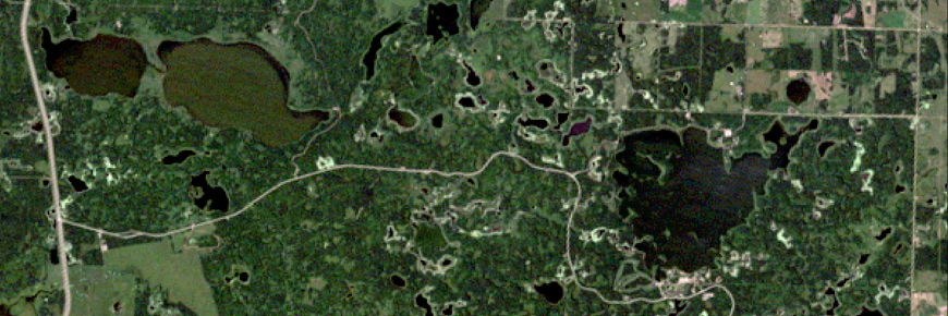 A satellite image of Astotin and Tawayk Lakes in Elk Island National 