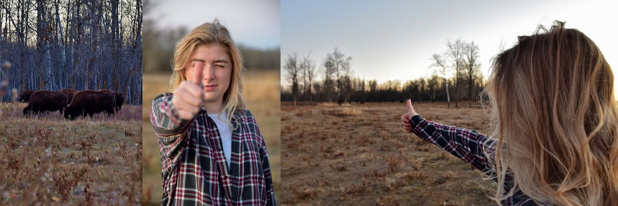 Rule of thumb: Visitor raising thumb to cover a bison. This method indicates visitor is at least 100 m away from the animal. 