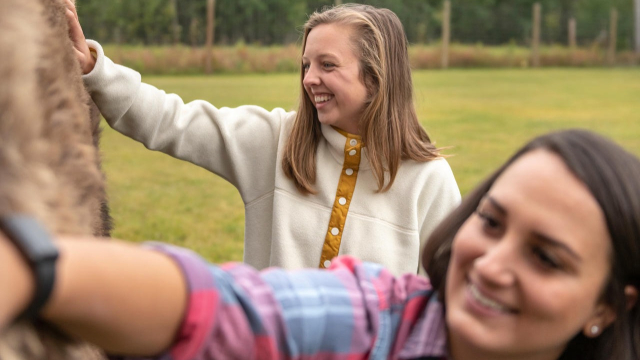 Visitors touch a bison pelt.