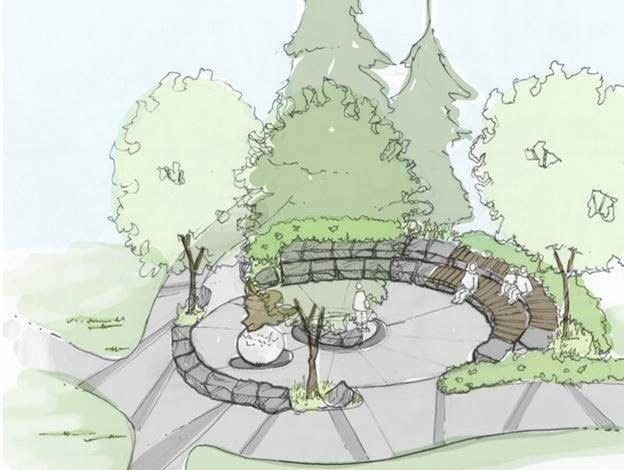 Planning sketch of the seating area and placement for the bronze sculpture of the eagle for the Jasper Indigenous Exhibit. 
