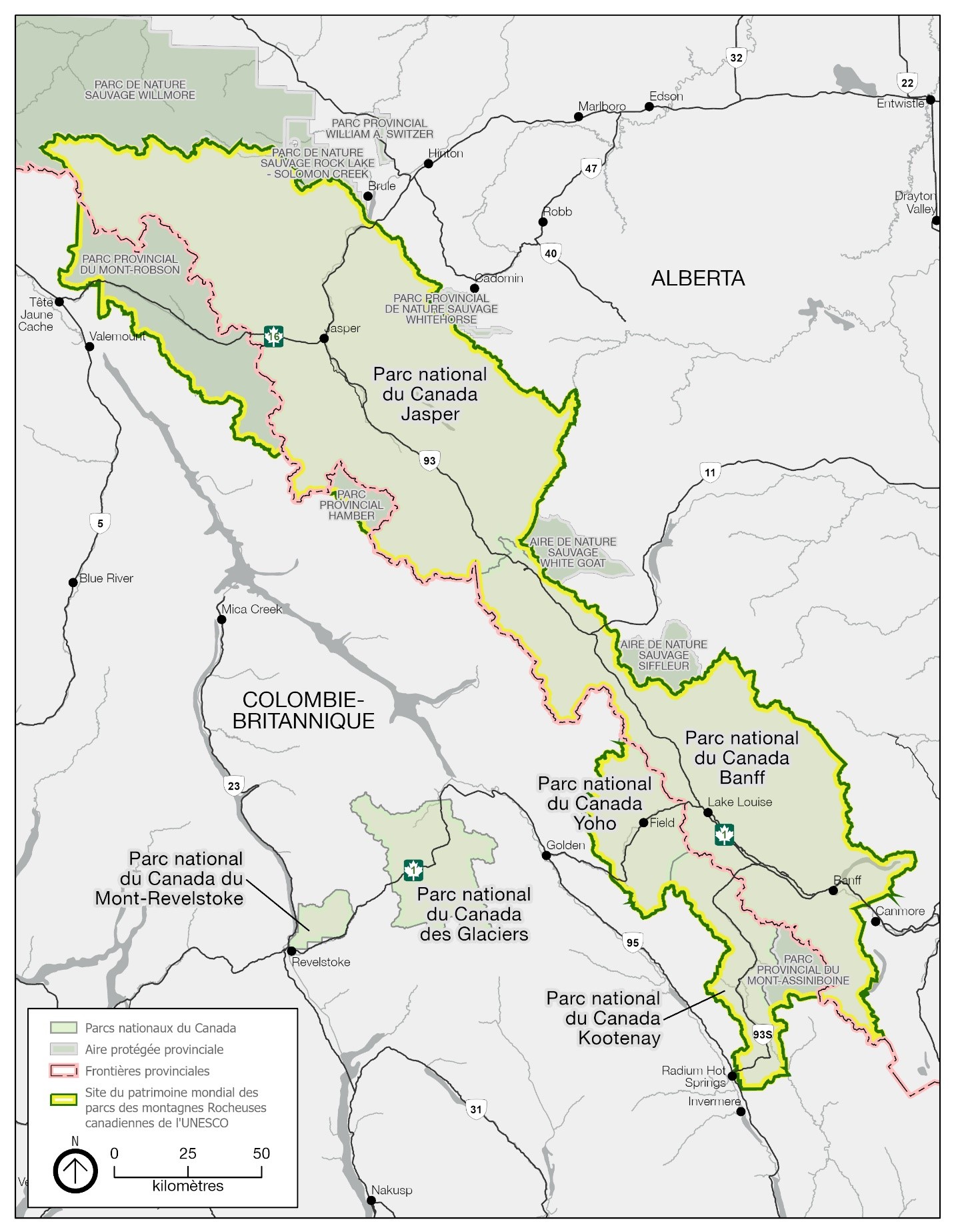 Carte montrant le cadre régional du parc national du Canada Jasper et comprenant les aires protégées nationales et provinciales adjacentes qui longent la frontière entre l’Alberta et la Colombie-Britannique.