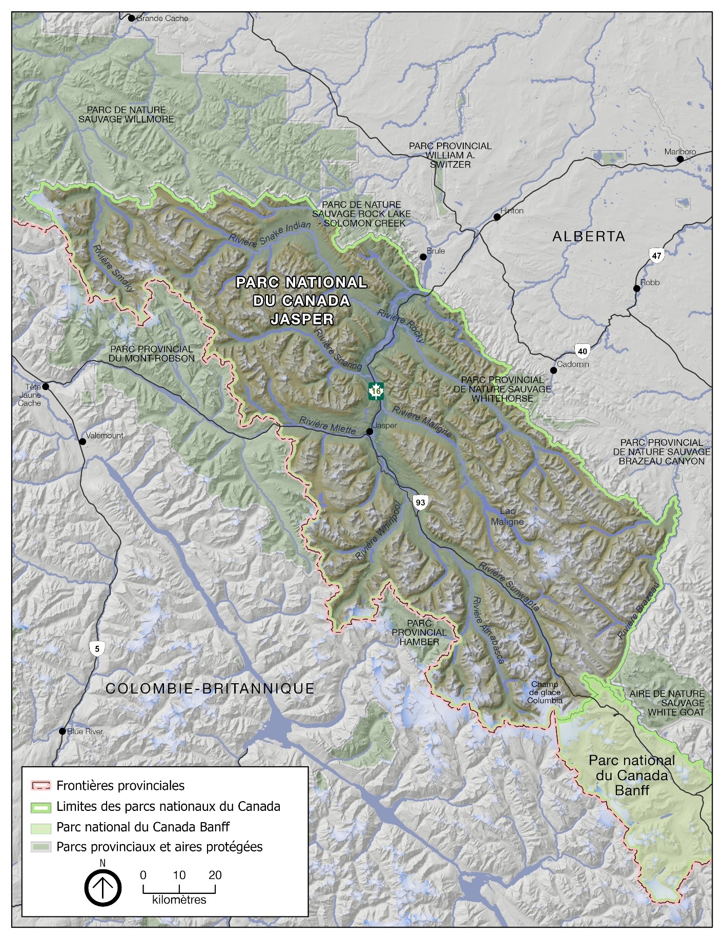 Carte topographique montrant l’étendue du parc national du Canada Jasper et comprenant les principales autoroutes ainsi que les principaux cours et étendues d’eau qui s’y trouvent. Les aires protégées provinciales et les parcs nationaux environnants sont indiqués.