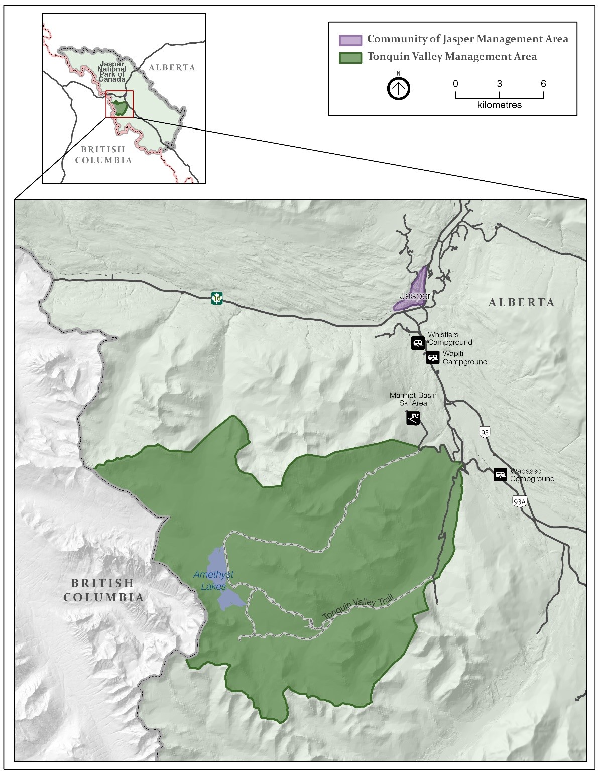 Map showing the Community of Jasper Management Area and Tonquin Valley Management Area within Jasper National Park.