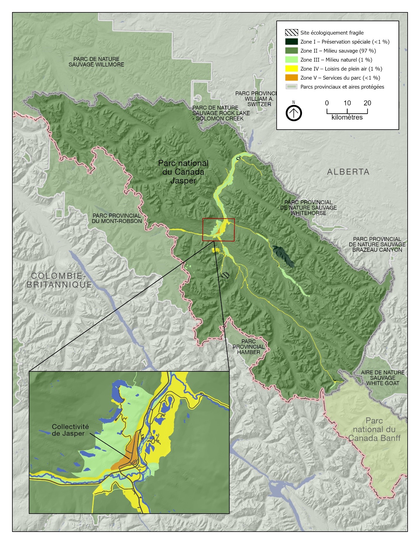 Carte montrant les différentes zones du parc national Jasper.