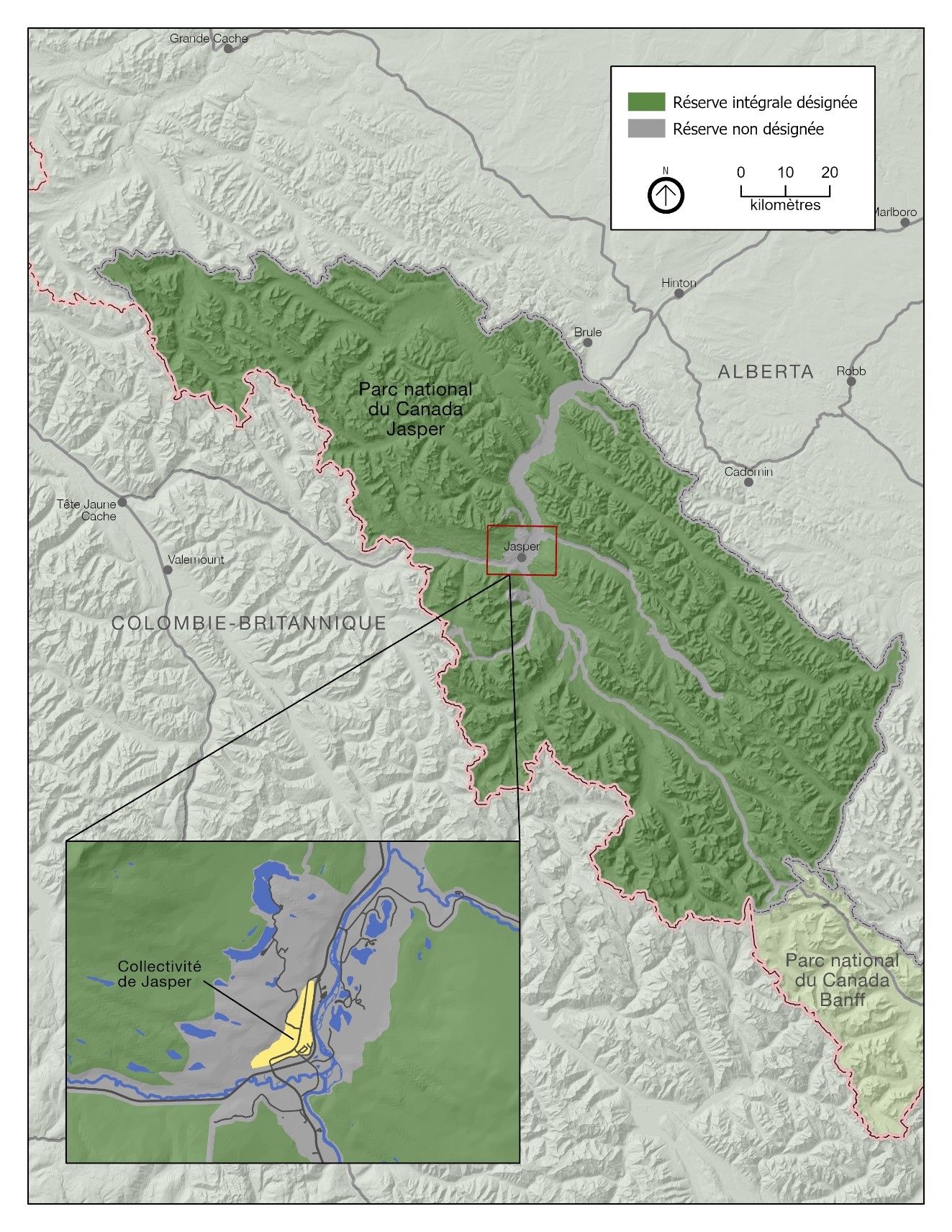Carte du parc national Jasper montrant la zone « Réserve intégrale désignée » et la zone « Réserve non désignée » du parc.