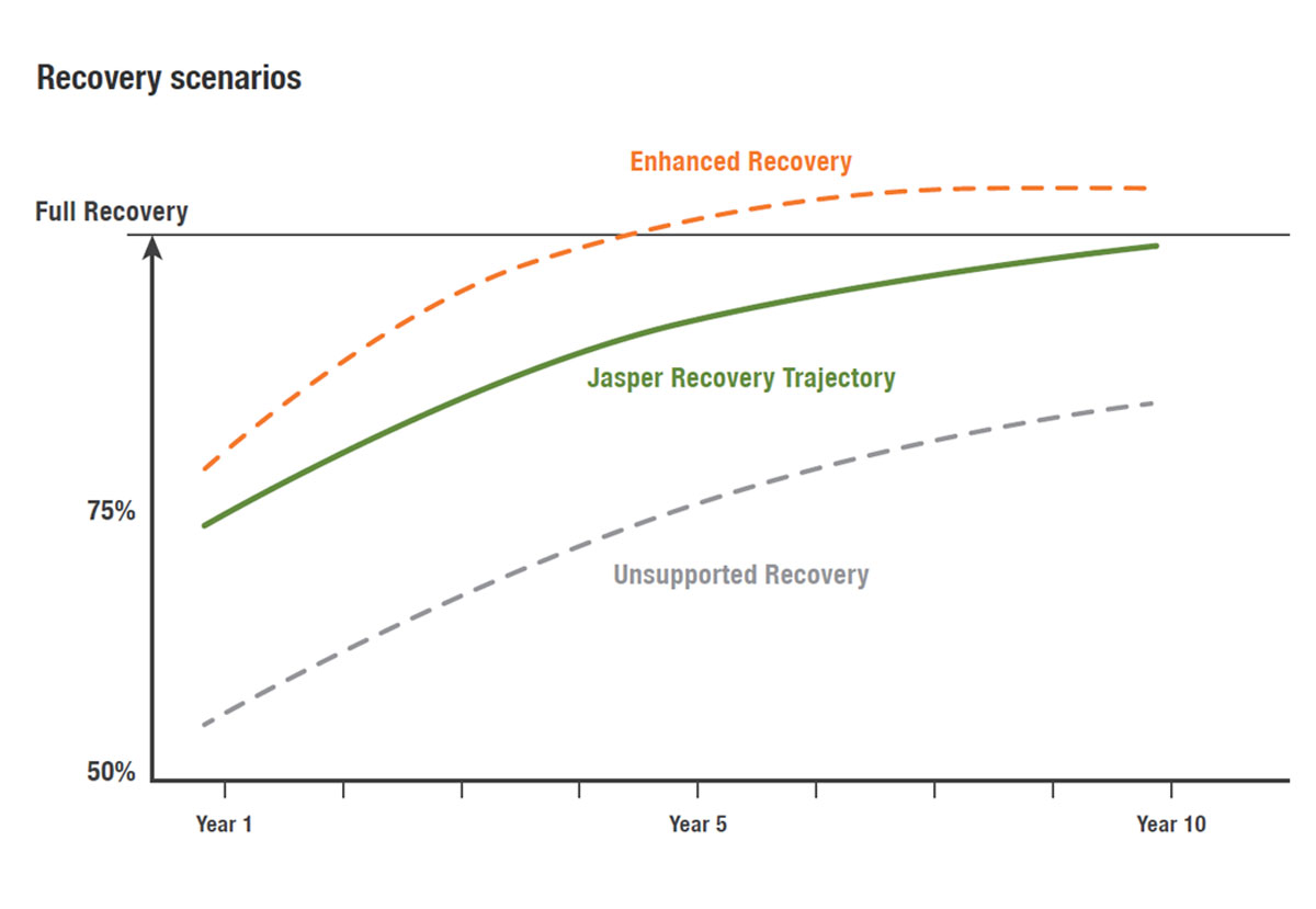 Graph depicting recovery scenarios (unsupported recovery, current recovery trajectory, and enhanced recovery), each with different timeframes for full recovery.