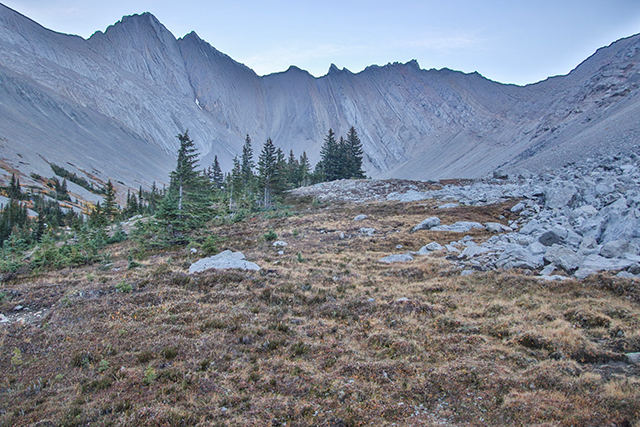 A landscape with steep peaks surrounding the area, pine trees, and brown ground. Grey rocks and boulders are visible on the right side.