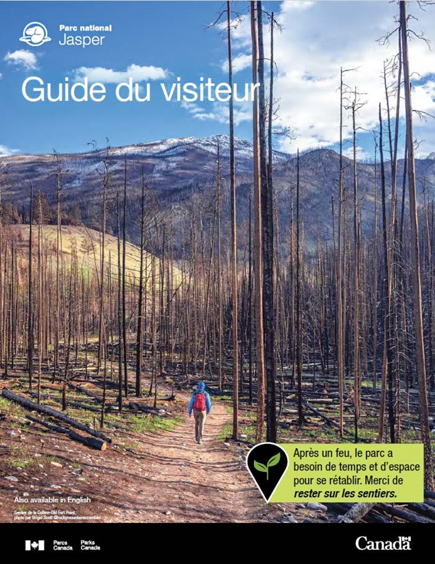 Page couverture du Guide des visiteurs montrant une personne en randonnée sur un sentier traversant une forêt touchée par le feu.