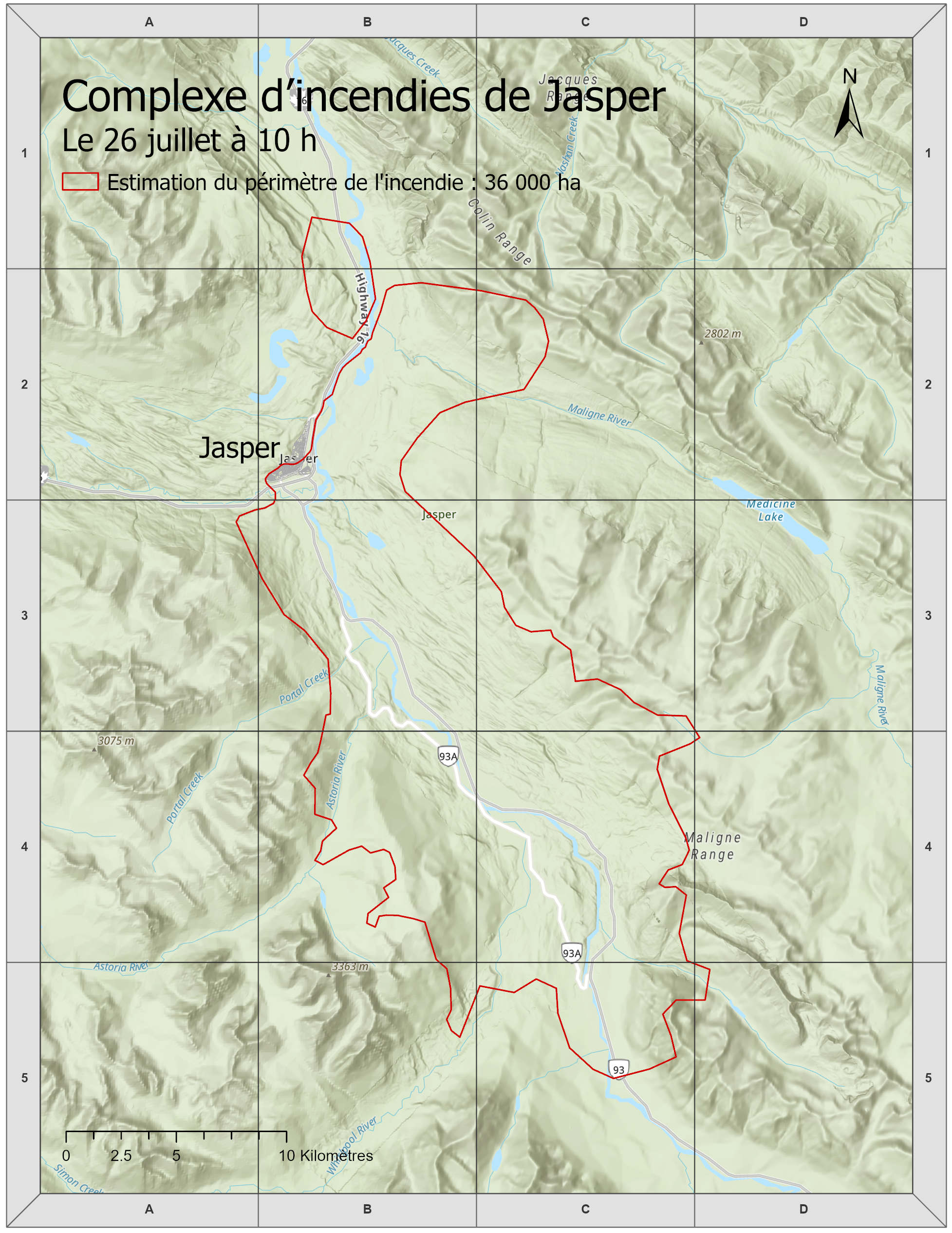 Carte illustrant la taille estimée de l'incendie