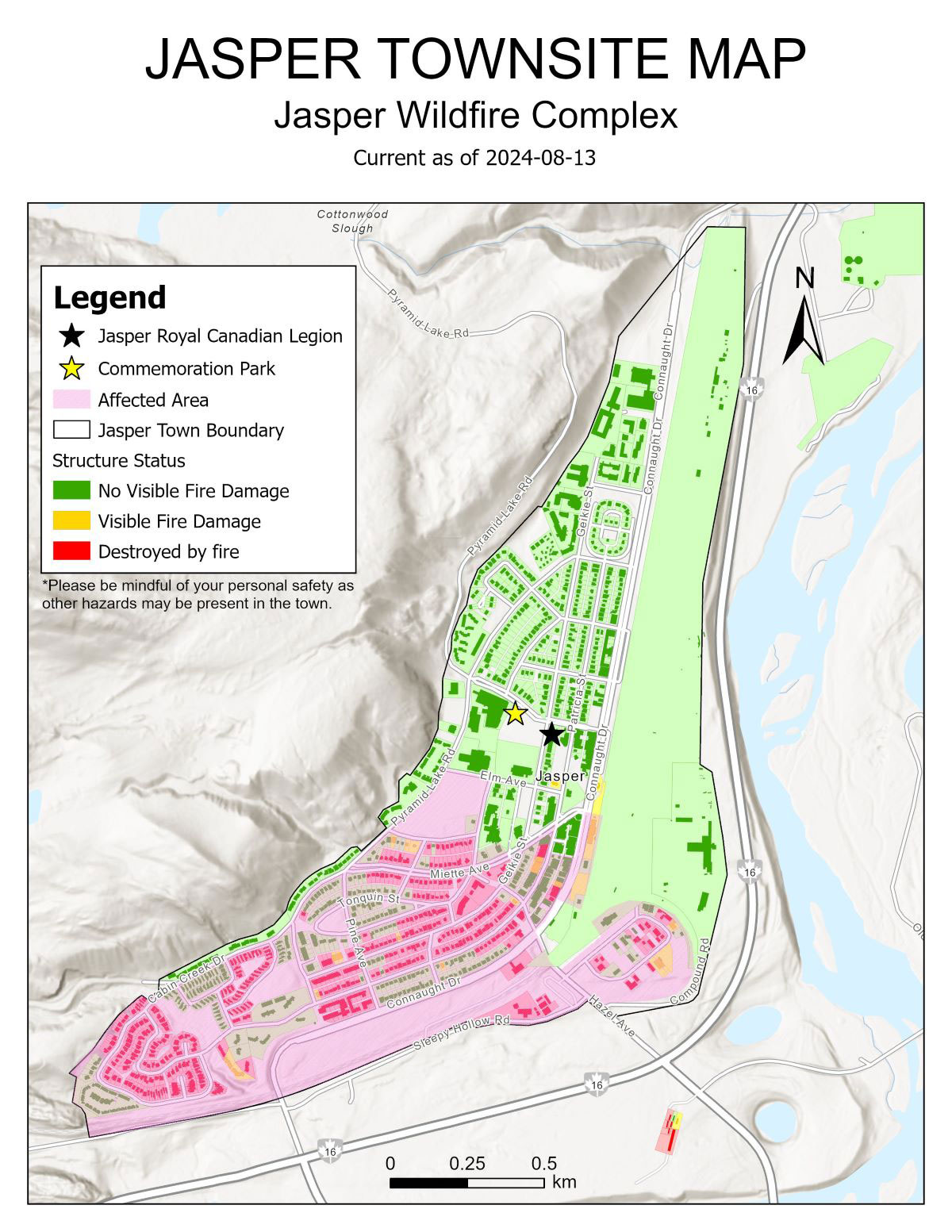 Updated Jasper townsite structure status. The pink affected area notes where utilities have been damaged or affected.