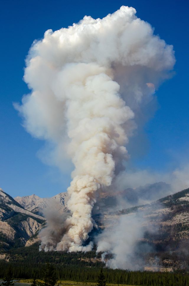 Evening aerial ignition in the Overlander area, along the rock bench of Roche Bonhomme and a gully to the north. August 14, 2024