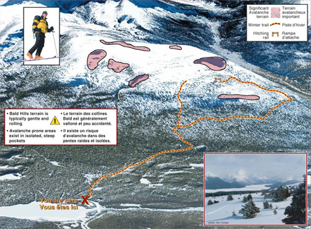 Aerial Relief Map of Bald Hills, Jasper National Park showing significant avalanche terrain. Bald Hills terain is typically gentle and rolling. Avalanche prone areas exist in isolated, steep pockets.