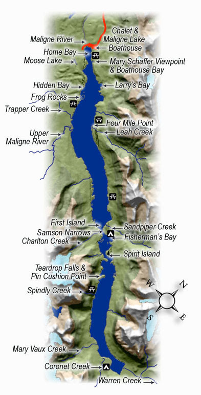 Carte du lac Maligne avec les terrains de camping, les aires de pique-nique et les ponts d'intérêt.