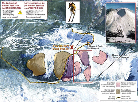Aerial Relief Map of the backside of Marmot Peak, Jasper National Park showing significant avalanche terrain. The backside of Marmot Peak is in the backcountry. People trigger avalanches here regularly. Are you prepared?
