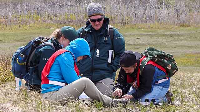 Des employés de Parcs Canada identifient des fleurs avec trois autres personnes