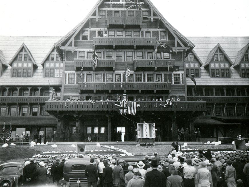 A crowd gathers outside the Prince of Wales hotel