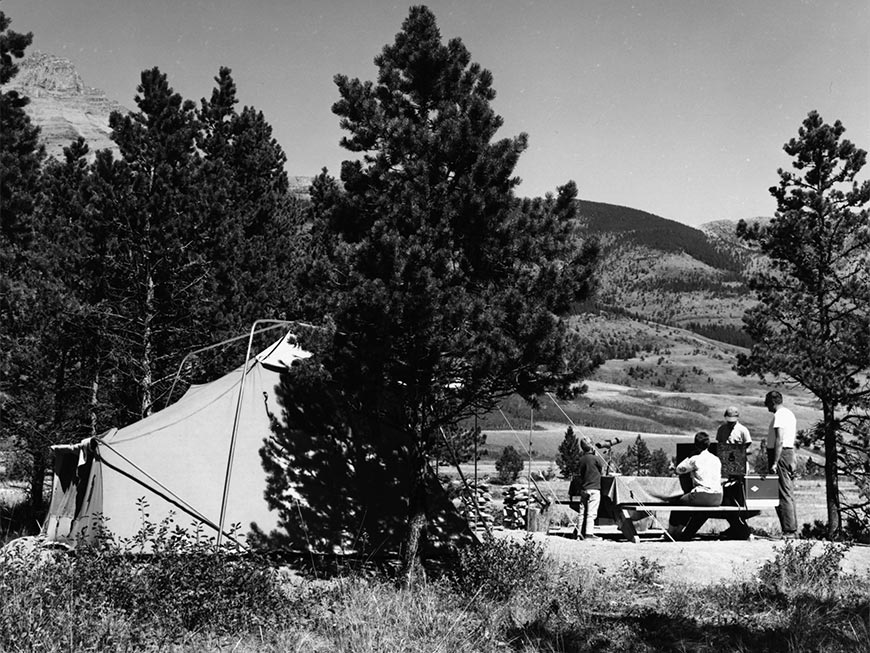A tent and campers at the newly opened Crandell Mountain campground