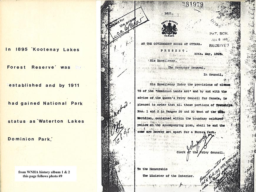 Une lettre officielle numérisée déclarant que les lacs Waterton étaient protégés en tant que parc forestier