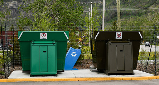 Dumpsters. Green for clean flattened cardboard products. Brown for garbage.