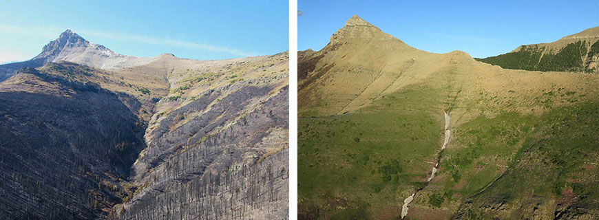 Side-by-side comparison photos from September 2017 and June 2018: Mount Galwey.