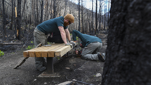 Two workers are seen installing a new wooden bench on a trail.