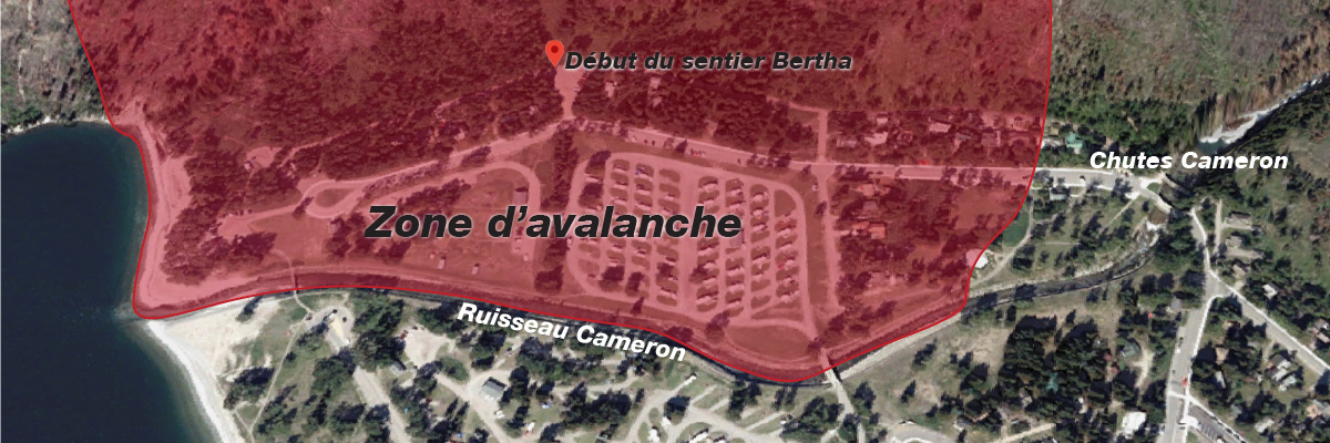 Carte indiquant la zone touchée par le Bertha – abstention volontaire de fréquentation de la zone d’avalanche du lotissement urbain.