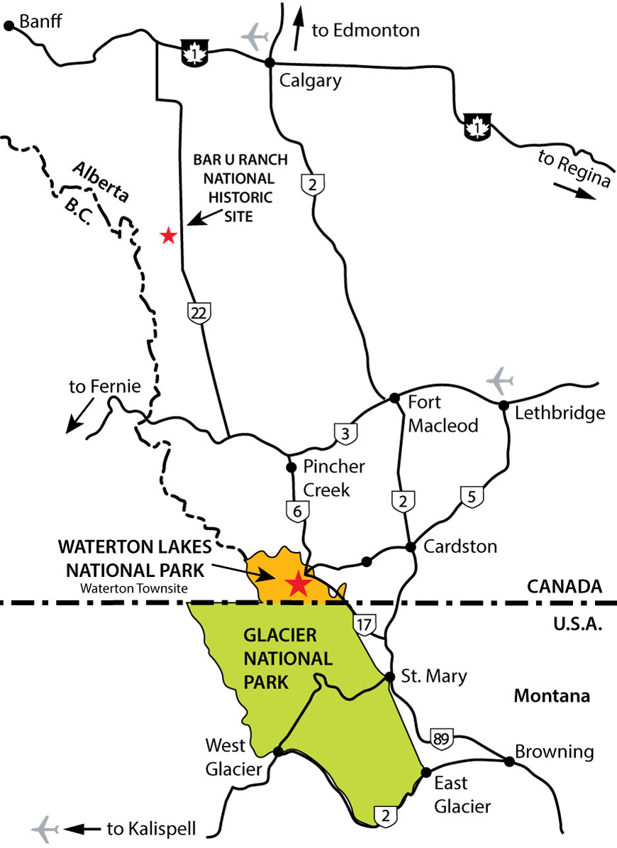 A map showing the region around Waterton Lakes National Park