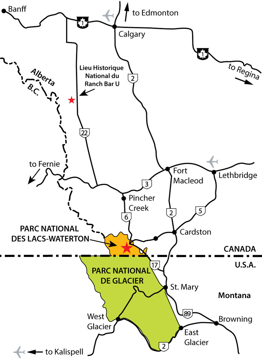 La carte montre la région autour du parc national des Lacs-Waterton