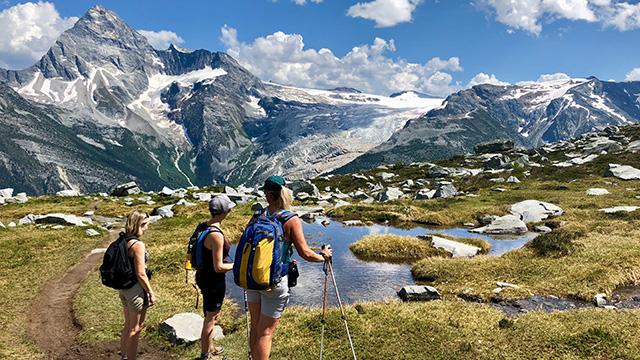 three hikers looking at alpine meadows