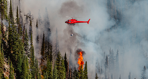 Red helicopter flying over alpine forest fire