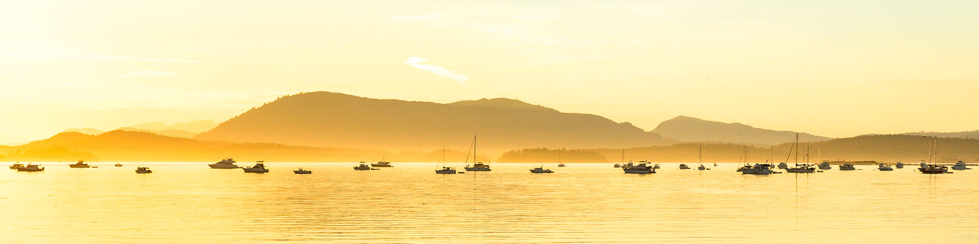 A view across Sidney Channel under the golden glow of the evening sun, silhouetting the boats moored off Sidney Island.