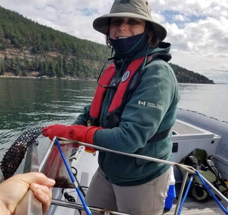 Un chercheur de Parcs Canada remplissant le sac d’appâts fixé à l’appareil vidéo sous-marin.