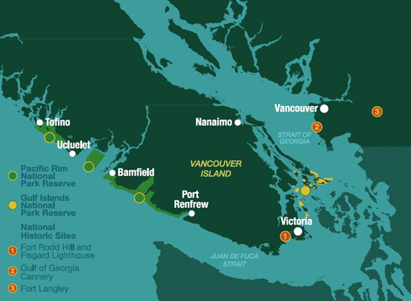 A map showing the location of Gulf Islands National Park Reserve located in the Salish Sea, between Victoria and Vancouver, BC. It also shows the national park reserve in relation to other national park reserves and national historic sites in Coastal British Columbia, including Pacific Rim National Park Reserve (located along the west coast of Vancouver Island, south of Tofino, BC), Fort Rodd Hill and Fisgard Lighthouse National Historic Sites (located on the southern tip of Vancouver Island), Fort Langley National Historic Site (located in Fort Langley, BC, west of Vancouver, BC) and Gulf of Georgia Cannery National Historic Site (located in Richmond, south of Vancouver, BC). 