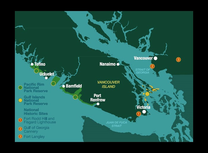 A map showing the location of Gulf Islands National Park Reserve located in the Salish Sea, between Victoria and Vancouver, BC. It also shows the national park reserve in relation to other national park reserves and national historic sites in Coastal British Columbia, including Pacific Rim National Park Reserve (located along the west coast of Vancouver Island, south of Tofino, BC), Fort Rodd Hill and Fisgard Lighthouse National Historic Sites (located on the southern tip of Vancouver Island), Fort Langley National Historic Site (located in Fort Langley, BC, west of Vancouver, BC) and Gulf of Georgia Cannery National Historic Site (located in Richmond, south of Vancouver, BC). 