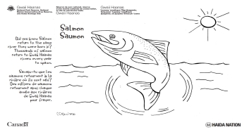 One hand drawn salmon jumping from the water.