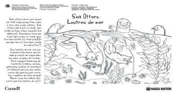 Five hand drawn sea otters playing in kelp forest.