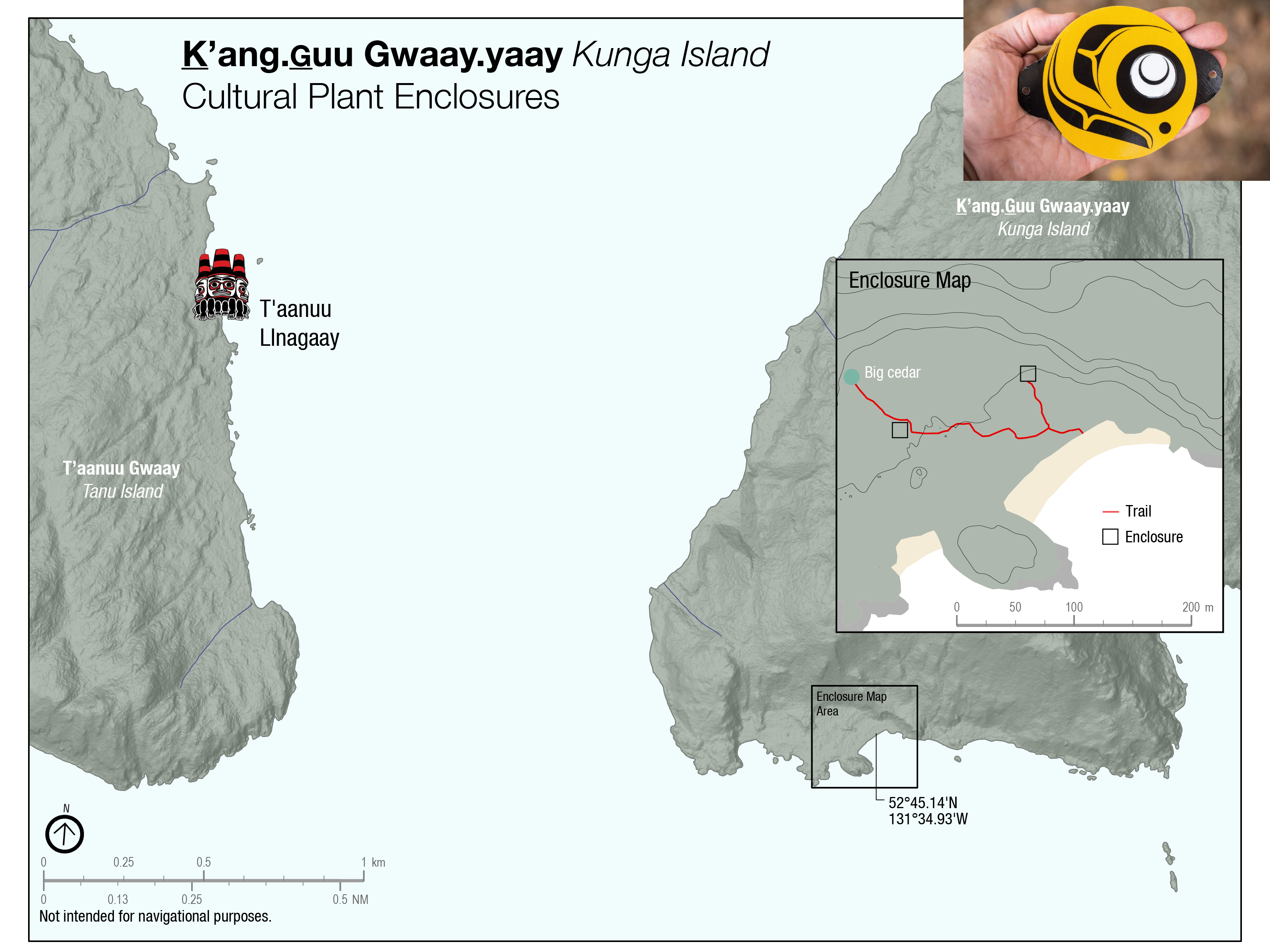 Map of the cultural plant enclosures on Kunga island and the yellow trail markers .