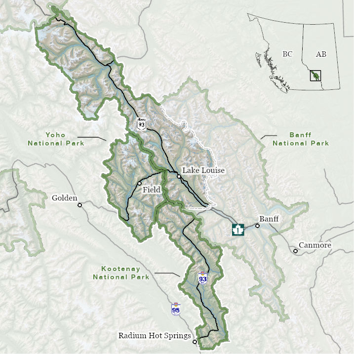 map of UNESCO Canadian Rocky Mountain Parks World Heritage Site