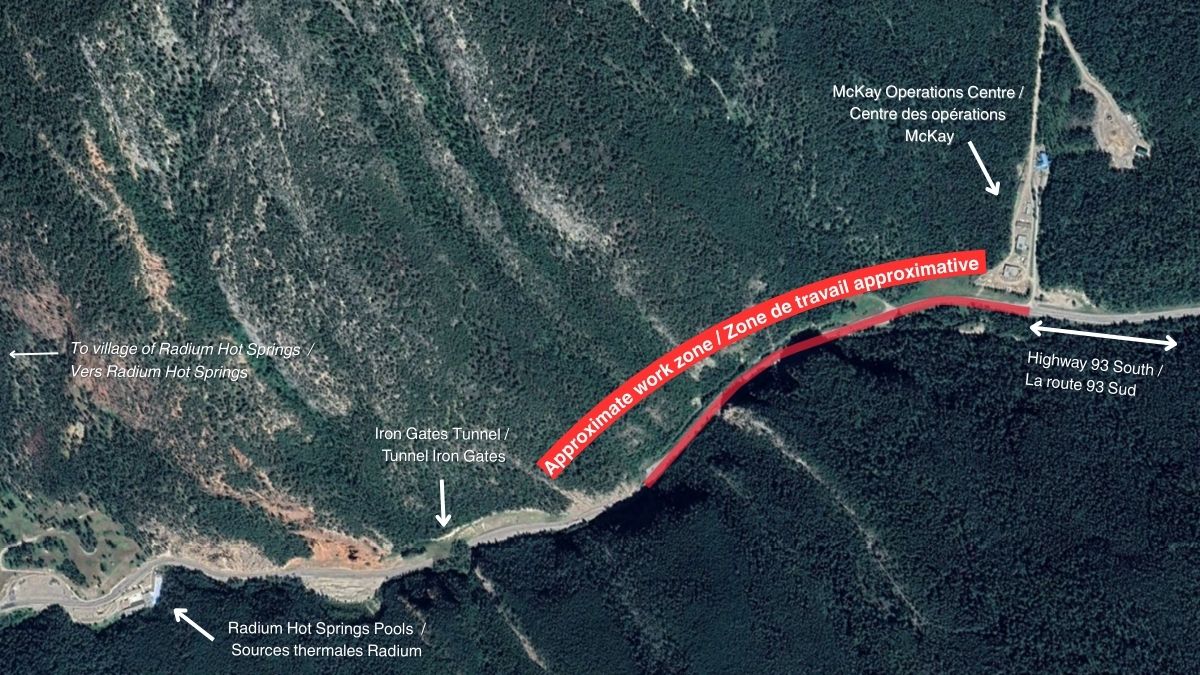 A map showing the construction area. A red line on Highway 93 South shows where in the Sinclair Canyon area traffic impacts can be expected: between McKay Creek Operations Compound and the Iron Gates Tunnel.