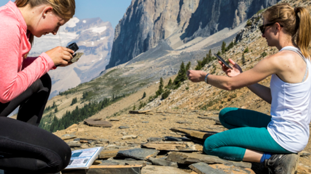 hikers looking at fossils