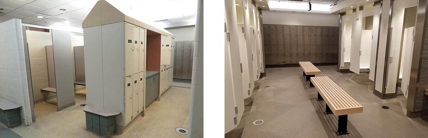 A before and after photo of renovations to a pool locker room