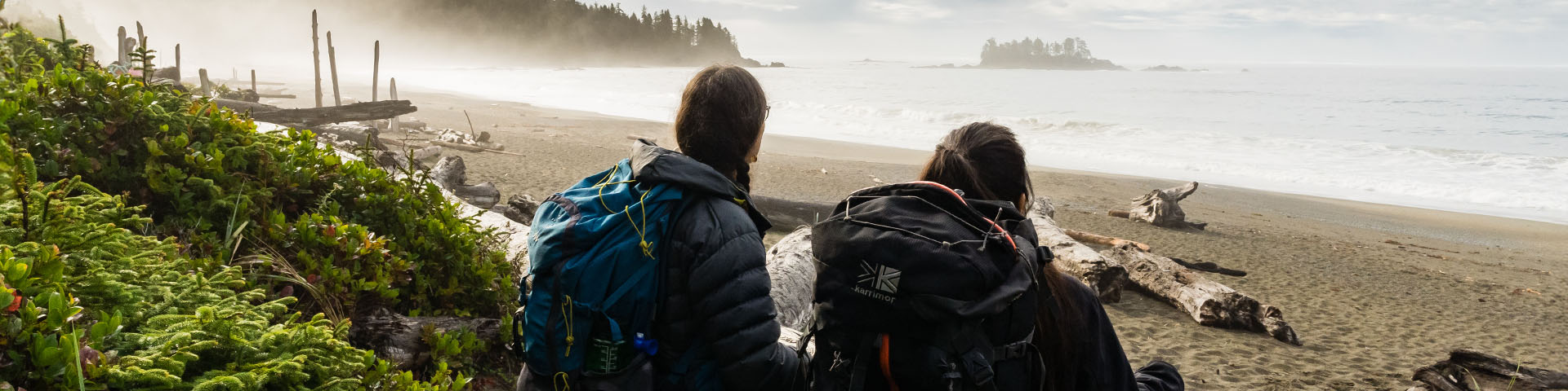 Two hikers looking at a beach
