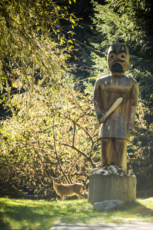 Wooden First Nation post in the sunshine with a deer in the background